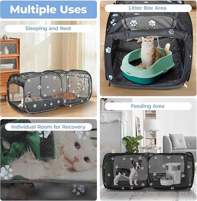 2-in-1 Dog Playpen 46.5''Pop Up Cat Pet Playpen, Assembly-Free Indoor Outdoor Kitten Enclosure, Breathable Cat Cage Portable Puppy Tent Crates,Spacious Kennel for Small Animals, No Confinement Feel(S)