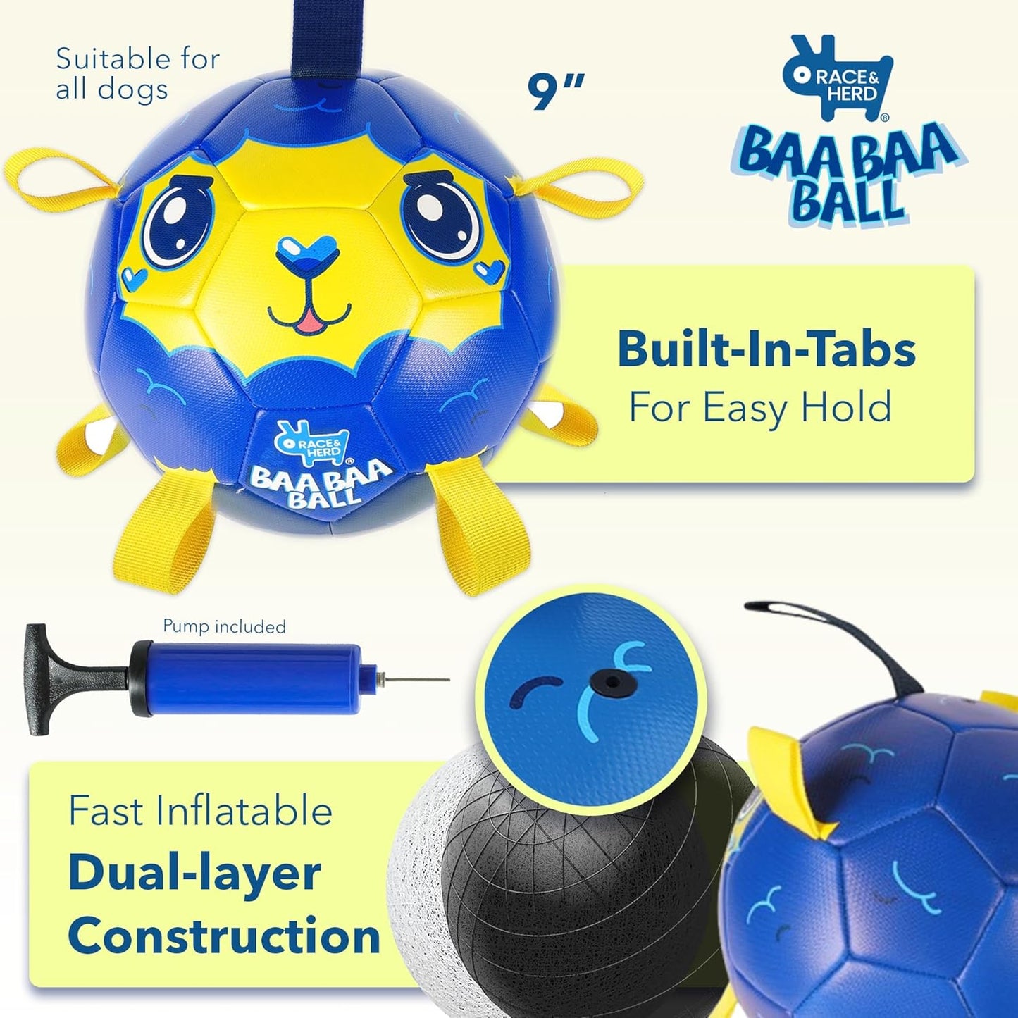 Race&Herd 9" Jolly Soccer Ball for Dogs - Tough Durable Dog Ball Toy with Straps, Pet Bouncy Herding Balls for Dogs, Floating Dog Balls with Tags for Water Fetch (BaaBaaBall, Daddy Sheep)