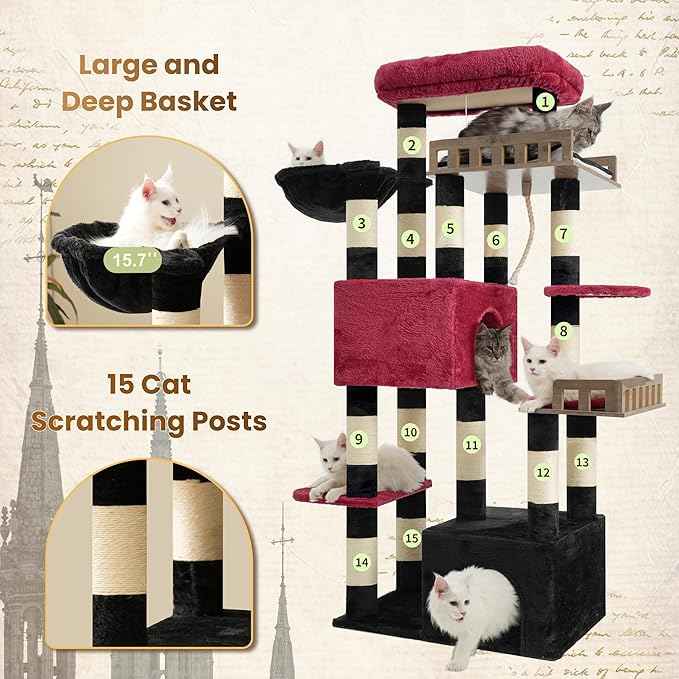 Maine Coon Cat Tree, Heavy Duty Cat Tree for Indoor Cats Large Adult, Gothic Cat Tower for Large Cats 20 lbs+ with Hammock, 2 Big Perches, 2 Cat Condos, 15 Scratching Posts, Black GCT033BR