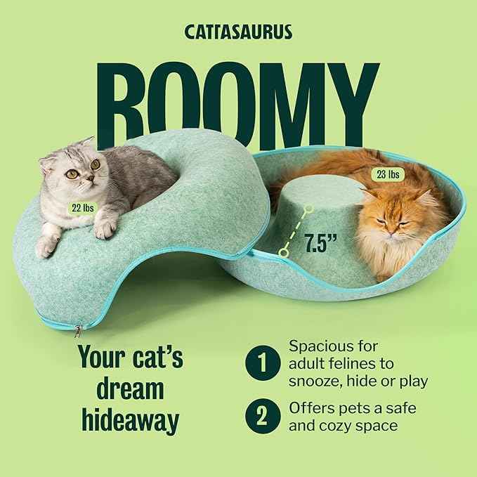 Cattasaurus Peekaboo Cat Cave Donut for Multiple & Large Cats up to 30-45 lbs, 3-in-1 Self Warming Cat Bed, Tunnel & Scratcher for Indoor Cats, Washable & Detachable Small Dog Bed (Sage Mist, Large)