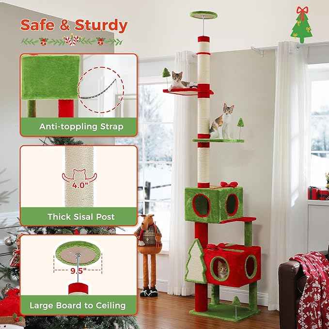 PEQULTI 90.9''-107.8'' Floor to Ceiling Cat Tree for Large Indoor Cats, Tall Christmas Cat Tower with 2 Spacious Condos, Bow Toy and Sisal-Covered Scratching Post & Pad Red/Green