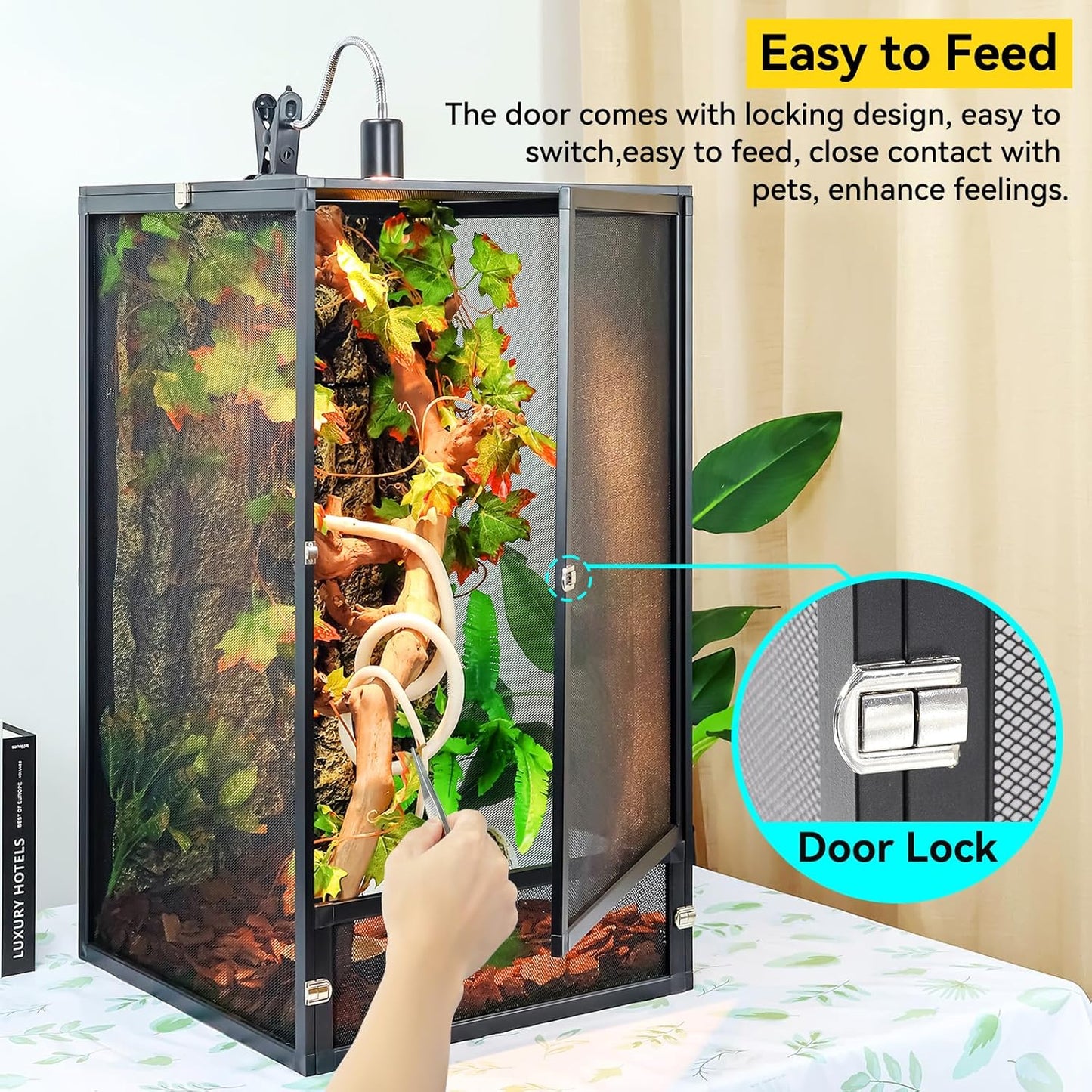 45 Gallon 360° Panoramic Foldable Reptile Terrarium Kit: Crested Gecko Tank and Reptile Cage for Superior Ventilation, Easy Feeding, Sturdiness, and Simple Assembly (Black, 32"x18"x18") - FurryFun