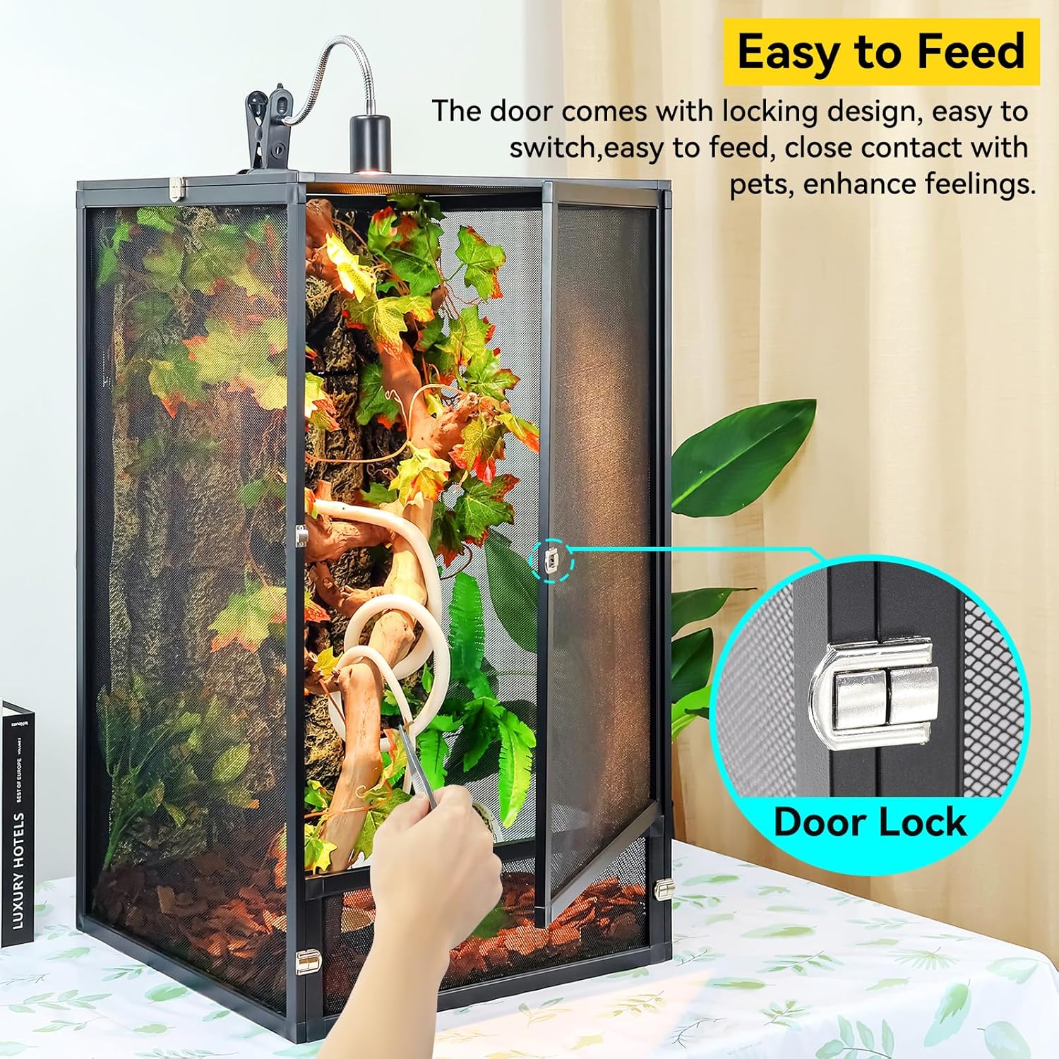 45 Gallon 360° Panoramic Foldable Reptile Terrarium Kit: Crested Gecko Tank and Reptile Cage for Superior Ventilation, Easy Feeding, Sturdiness, and Simple Assembly (Black, 32"x18"x18") - FurryFun