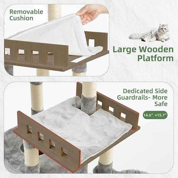 Cat Tree for Indoor Cats Large Adult, Heavy Duty Cat Tree for Large Cats 20 lbs+, Cat Condo with Big Wooden Perch, Cat Tower with 14 Scratching Posts, Hammock, Light Gray GCT023W