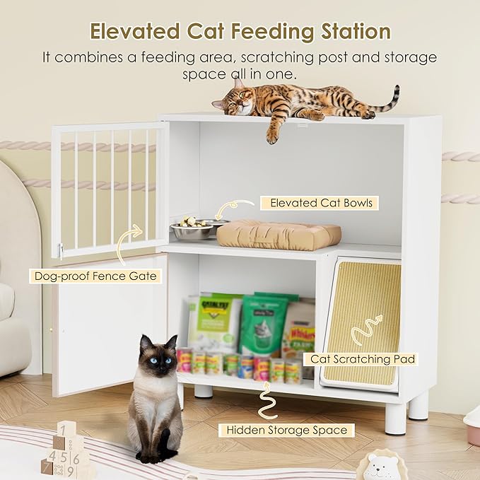Dog Proof Cat Feeding Station, Metal Cat Feeding Station with Scratching Board, Raised Bowls for Indoor Cats, Elevated Food Bowls with Stand, Pet House Furniture (Metal White)