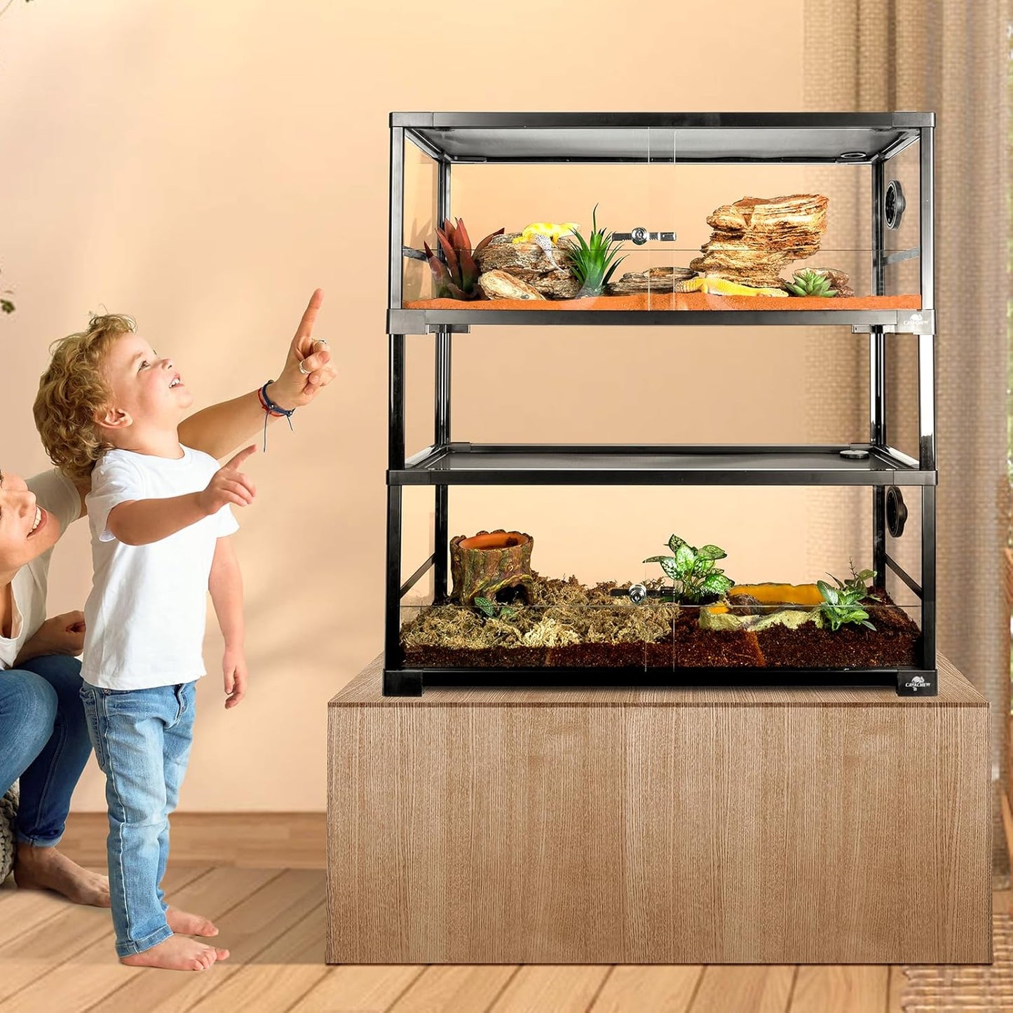 Double Stacked Reptile Tank, 30" x 12" x 32" Tall Reptiles Terrarium, Front Opening, Full Vision, Knock Down, 2 Pack 20 Gallon Glass Cage for Reptile, Bearded Dragon, Lizard, Snake, Gecko - FurryFun