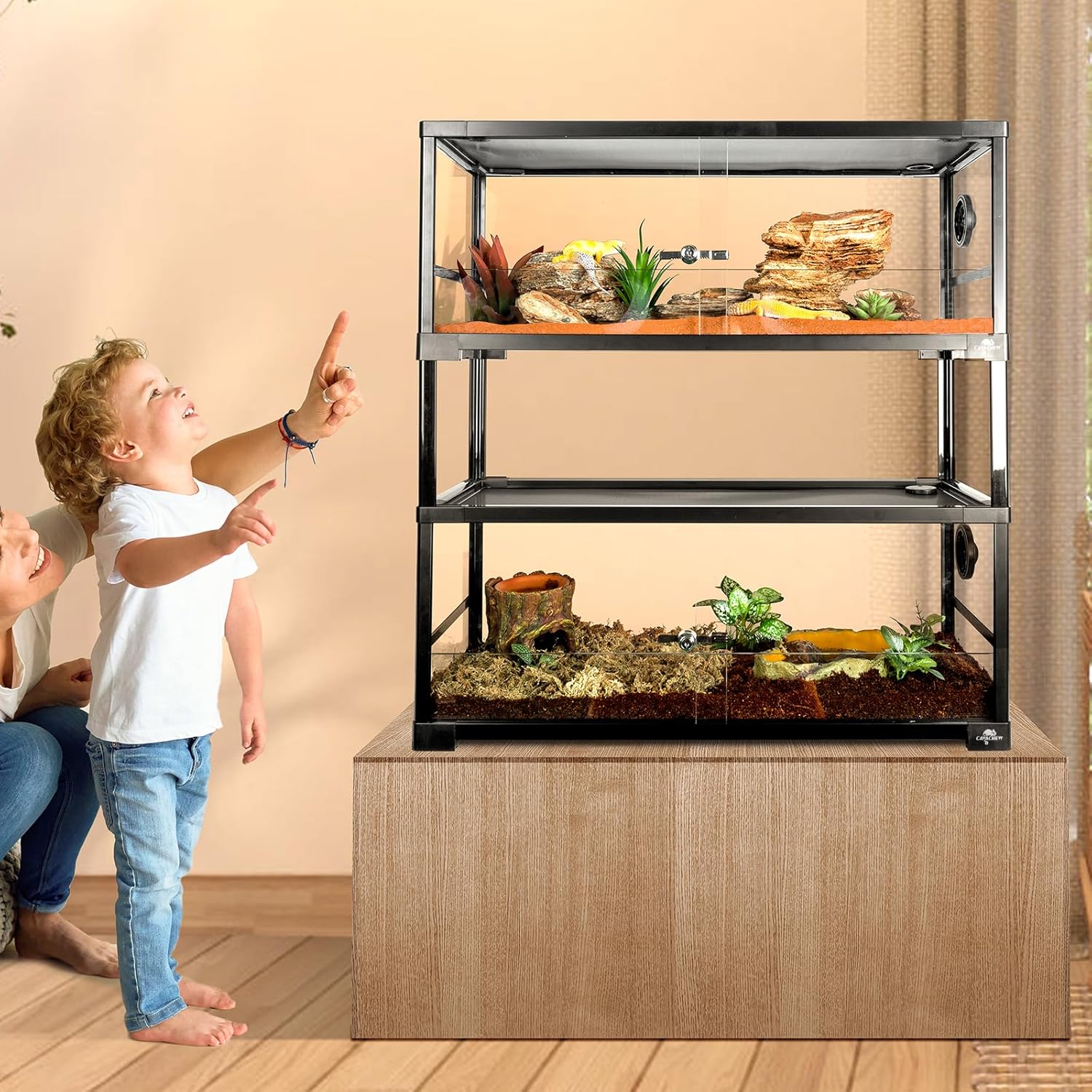 Double Stacked Reptile Tank, 30" x 12" x 32" Tall Reptiles Terrarium, Front Opening, Full Vision, Knock Down, 2 Pack 20 Gallon Glass Cage for Reptile, Bearded Dragon, Lizard, Snake, Gecko - FurryFun