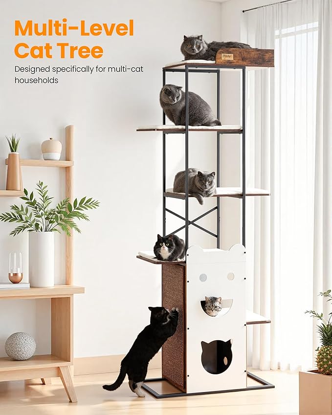 Modern Wood Cat Tree Tower, 84 Inch Extra Tall Cat Condo Trees for Indoor Cats Large Adult, XL Multi-Level Heavy Duty Wooden Sturdy Cat House Furniture with Platform Perch Bed Scratching Post Board