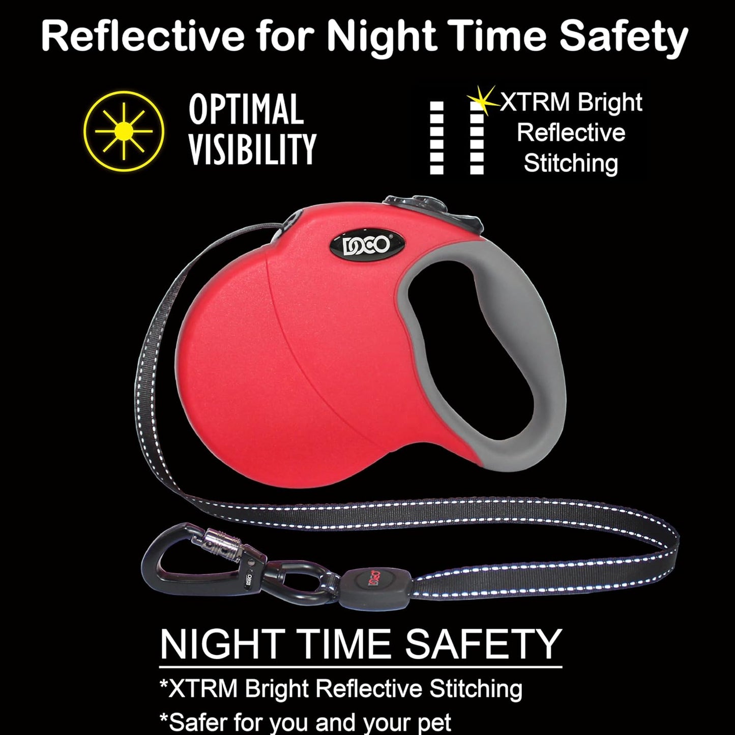 DOCO Retractable Dog Leash for Large Dogs (Length - 16’, Weight - Upto 45lb) Reflective Tape Lead with Stop and Lock Control, Tangle Free 360° Swivel Snap & Anti-Slip Grip (Black, Medium)