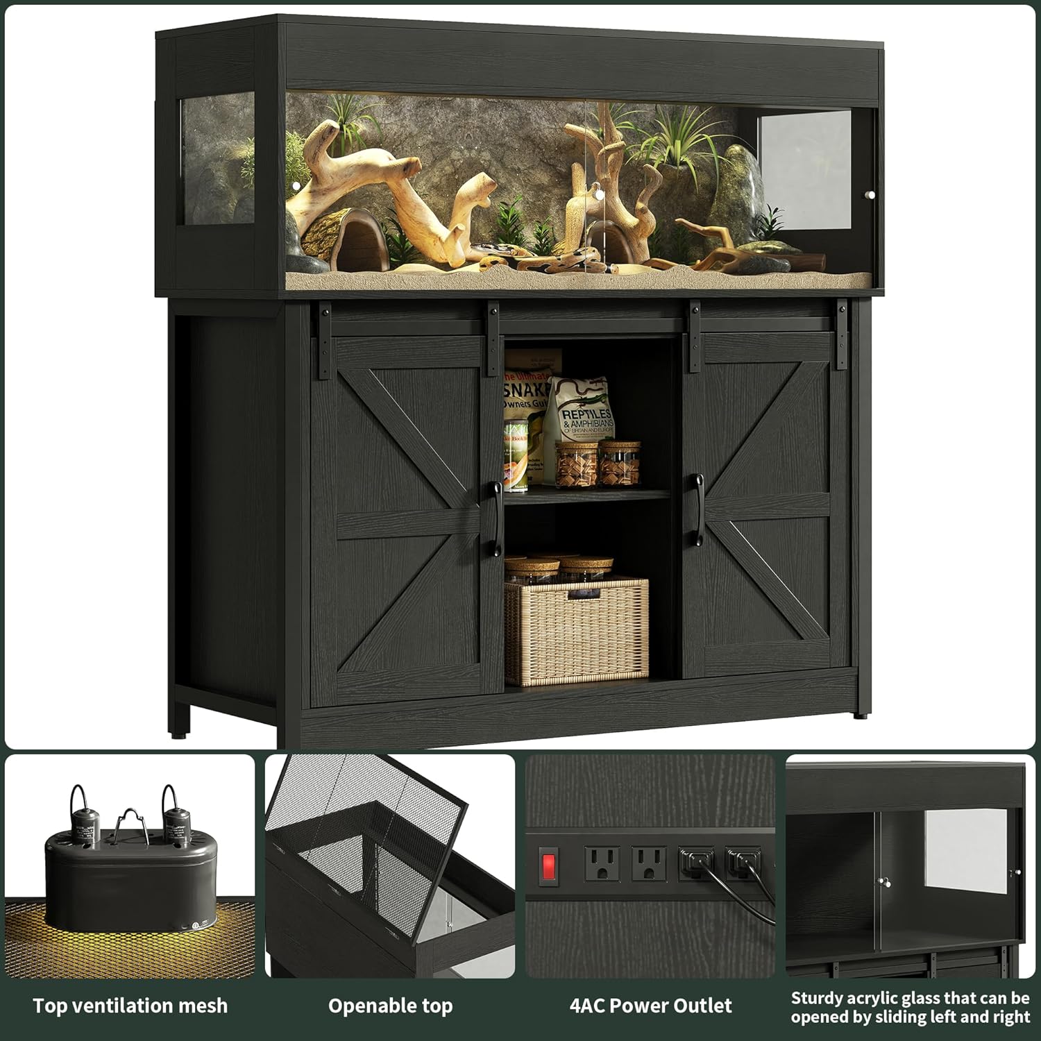 60 Gallon Reptile Terrarium with Stand, Terrarium Enclosure with Acrylic Doors, Storage Cabinet with Barn Door, Mesh Lid & Power Outlet – Vivarium Habitat for Medium Reptiles Black PX05RTB - FurryFun