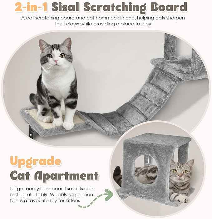 NUNU LAB Wall Mounted Cat Wall Shelves, 14-in-1 Cat Wall Climber with Bridge, Tunnel, House, Scratcher, Steps, Indoor Space-Saving Furniture for Kittens Play, Gray