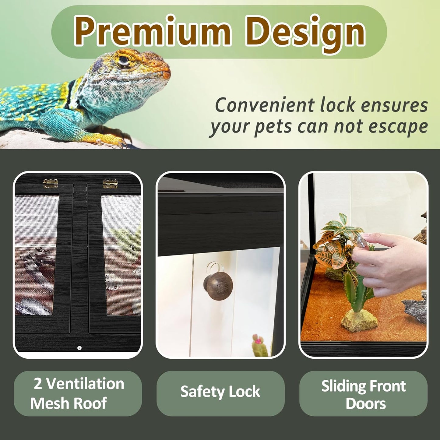 PROLEE Bearded Dragon Tank,Tempered Glass Reptile Tank with Mesh Roof and Front Sliding Door,Anti-Scratch Lizard Tank,Spacious Reptile Enclosure for Snakes,Lguanas (Black, 63Gallons,40"x20"x20") - FurryFun
