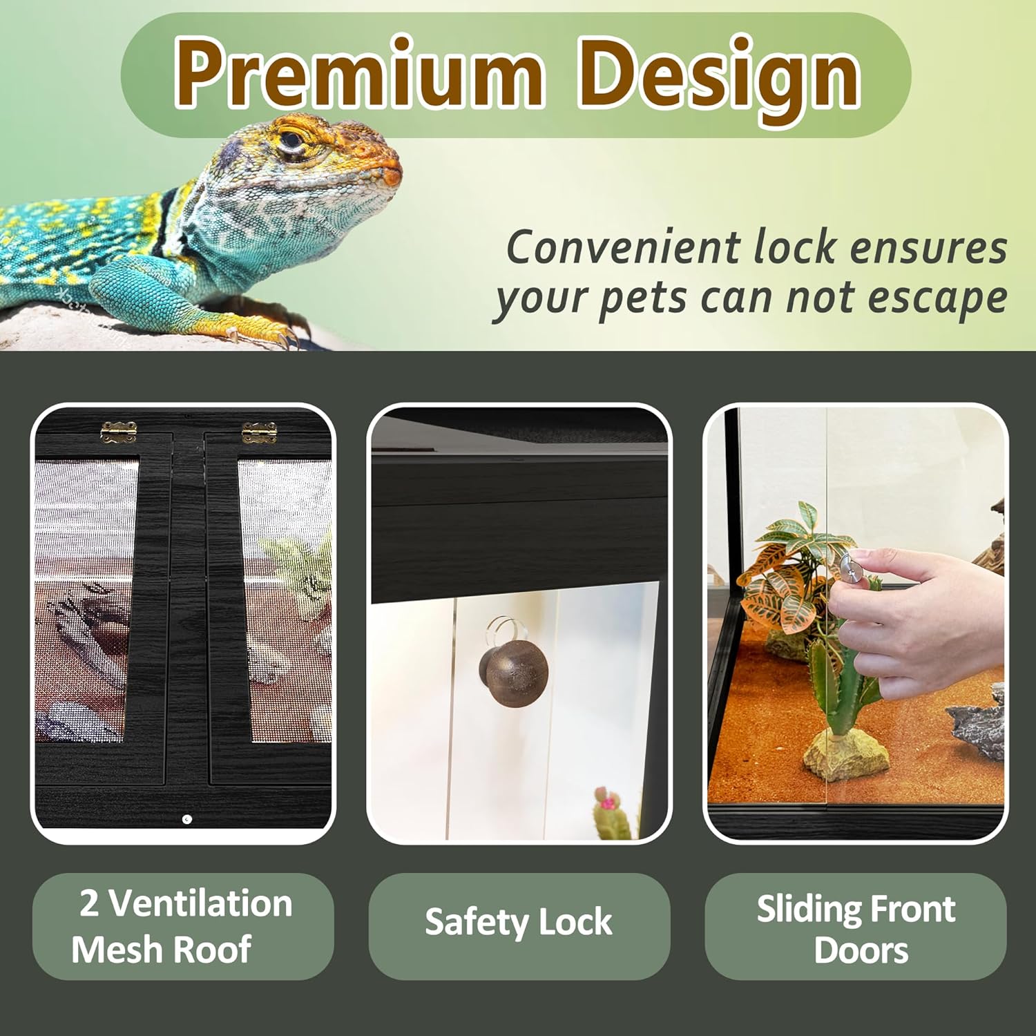 PROLEE Bearded Dragon Tank,Tempered Glass Reptile Tank with Mesh Roof and Front Sliding Door,Anti-Scratch Lizard Tank,Spacious Reptile Enclosure for Snakes,Lguanas (Black, 63Gallons,40"x20"x20") - FurryFun