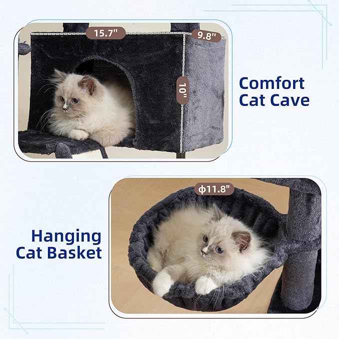 Cat Tree for Indoor Cats, Cat Tower with Scratching Post for Small Cats and Kittens, Cat House with Removable Top Platform and Fluffy Balls, Hanging Cat Basket, Smoky Gray GCT006SG