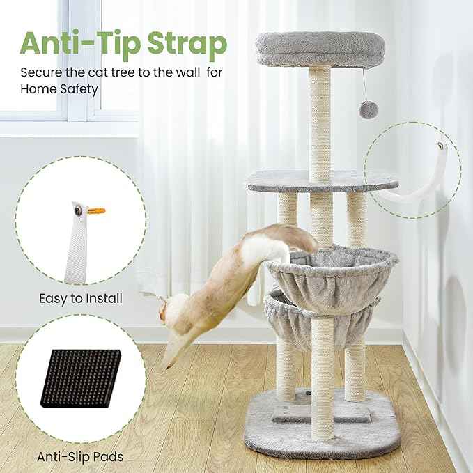 Small Cat Tree Tower with Lots of Scratching Posts - 42 Inch Medium Compact Cats Scratch House with Hammock Perch for Multi Level 2 Kitty - Indoor Corner Cat Bed Condo Climbing Gym Towers Furniture