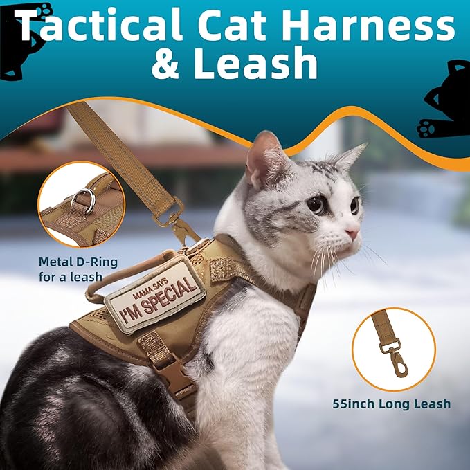 Tactical Cat Harness Khaki for Walking Esacpe Proof,Adjustable Soft Mesh Large Cat Vest with Rubber Handle Easy to Control,Molle Patches XL