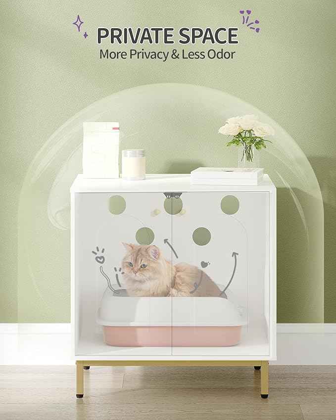 Cat Litter Box Enclosure, Hidden Litter Box Furniture Cabinet, Wooden Indoor Cat House, Side End Table, Living Room, Bedroom, White and Gold CB81203G