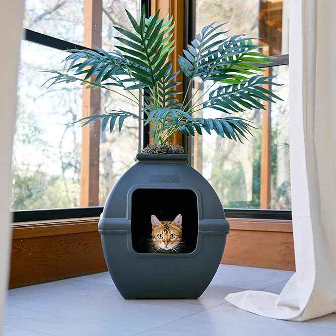 Good Pet Stuff Hidden Litter Box Planter, Decorative Cat Litter Enclosure with Carbon Filter, Artificial Plant, Easy Clean, Indoor Design, Courtyard Square Style, Base Kit, Black Suede