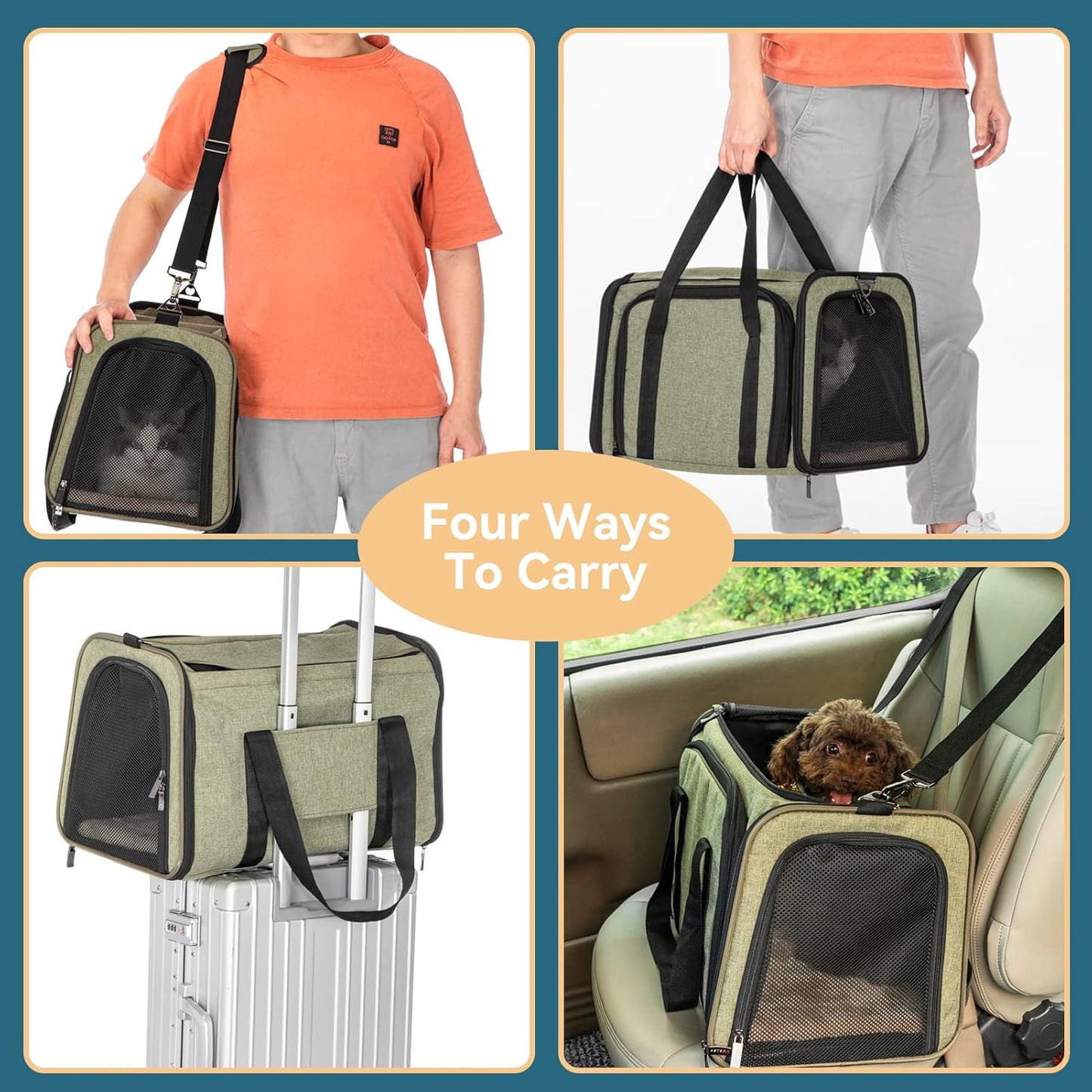 Petsfit Top Load Expandable Dog Carrier for Small Dog, Medium Cat, Or 2 Small Cats with Comfy Pad, Escape Proof, Easy Storage, Washable, Fit for Vet Visit and Outdoor, 19"X12" X12", Green