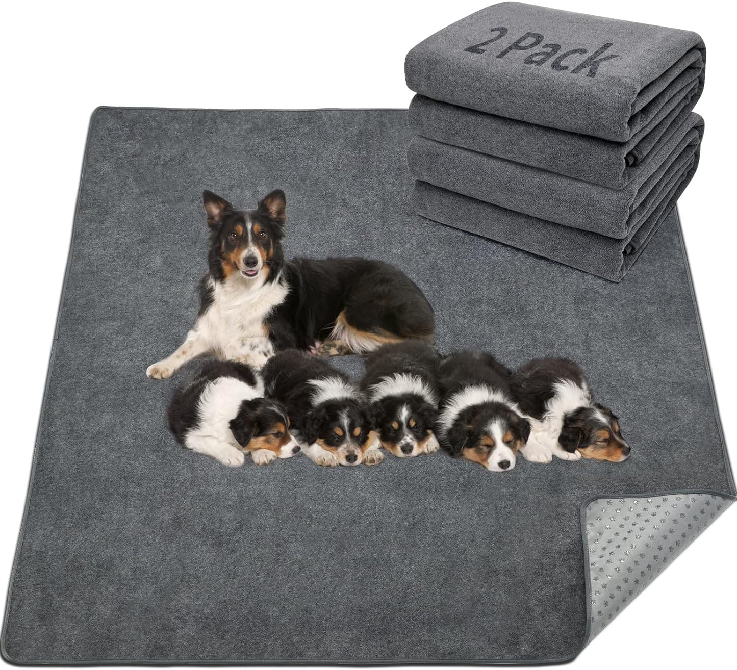 LOOBANI 2 Packs Extra Large Reusable Dog Mat for Floor, Non-Slip Washable Pee Pad for Dogs, Fast Absorbent Pet Whelping Pads, Puppy Playpen Mat for Incontinence, Housebreak, Crate, 65x48in, Gray