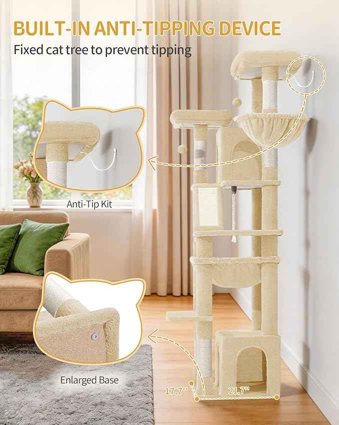 Large Cat Tree, 72 Inch Tall Indoor Cat Tower for 6 Large Cats, Corner Climbing Activity Pet Condo with 2 Large Platforms/2 Cats House/6 Scratching Post/1 Hanging Basket, Beige MS18318YG