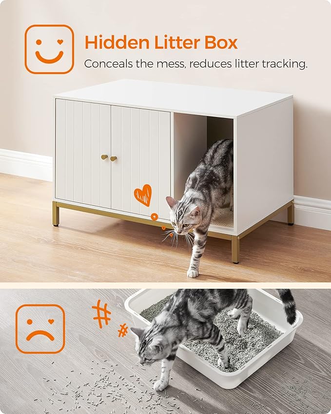 Feandrea Cat Litter Box Enclosure, Hidden Litter Box Furniture with Scratch Pad, Front Entry, Double Cabinet Doors, Modern Style, 31.5" Cat House Washroom Side End Table, White and Gold