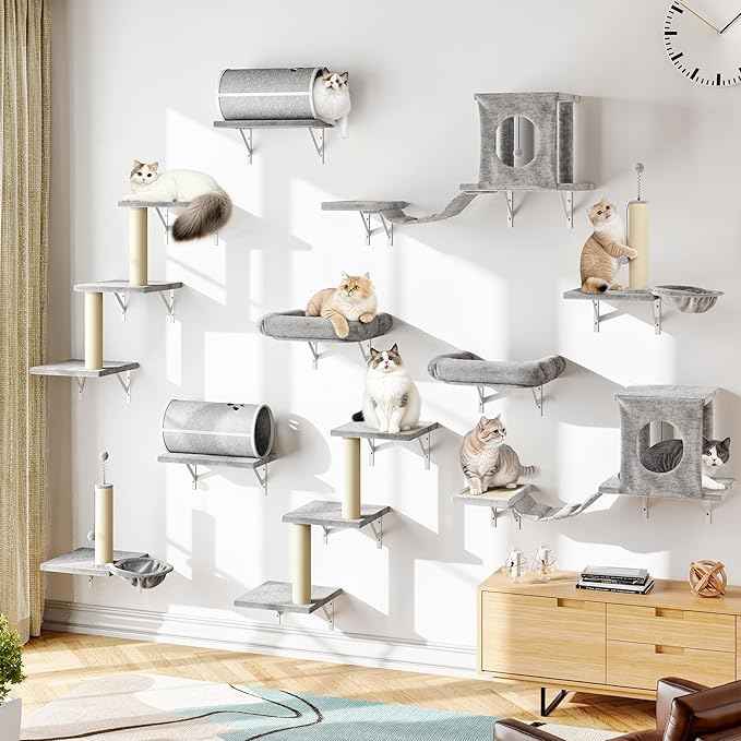 NUNU LAB Wall Mounted Cat Wall Shelves, 14-in-1 Cat Wall Climber with Bridge, Tunnel, House, Scratcher, Steps, Indoor Space-Saving Furniture for Kittens Play, Gray