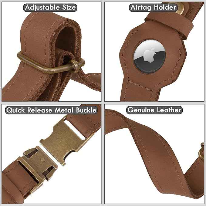 AirTag Dog Collar - Genuine Leather Dog Collar with Apple AirTag Holder and Metal Buckle - Smart GPS Tracking Pet Collars (Tawny, L, 17"-21" Neck Fit)
