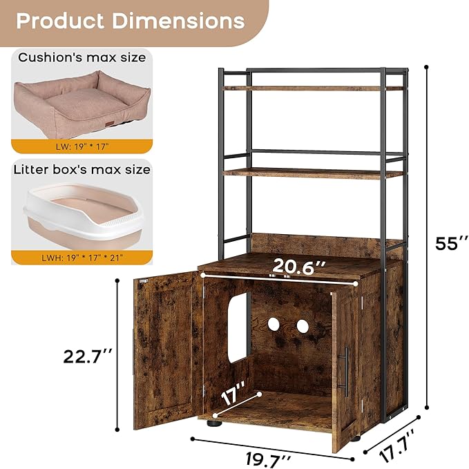 Cat Litter Box Enclosure, Hidden Litter Box Furniture with 3 Storage Shelves and Doors, Rustic Indoor Cat Cabinet, Multi-Functional Storage for Food, Cats Toilet Furniture