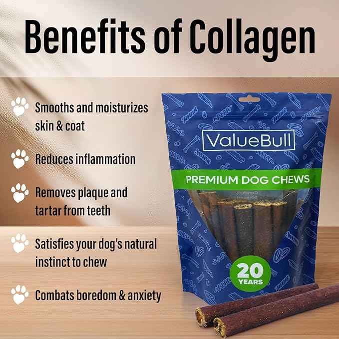 ValueBull Collagen Sticks for Dogs, 6 Inch Jumbo Chews, Natural Long-Lasting Dog Treats, 200 Count Bulk Pack - Supports Joints, Skin & Coat with Chondroitin & Glucosamine
