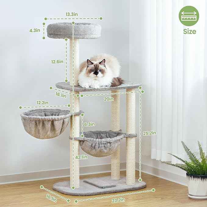 Small Cat Tree Tower with Lots of Scratching Posts - 42 Inch Medium Compact Cats Scratch House with Hammock Perch for Multi Level 2 Kitty - Indoor Corner Cat Bed Condo Climbing Gym Towers Furniture