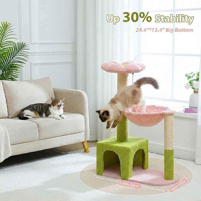 Flower Cat Tree with Large Metal Frame Hammock, 35" Cute Cat Tower with Sisal Scratching Posts for Small Indoor Cats, Cat Condo with Pink Top Perch for Kittens, Pink