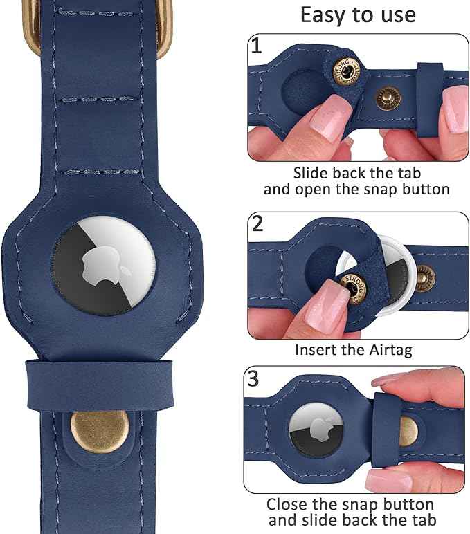 AirTag Dog Collar - Genuine Leather Dog Collar with Apple AirTag Holder and Metal Buckle - Smart GPS Tracking Pet Collars (Smoky Blue, S, 12"-15" Neck Fit) (Smoky Blue, M, 14"-18" Neck Fit)