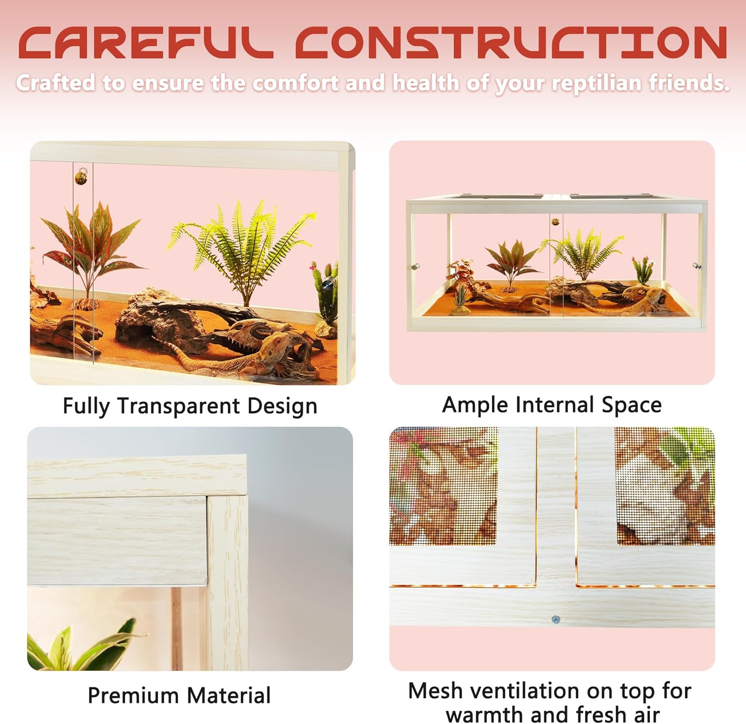 Bearded Dragon Tank with Legs Up to 77 Gallons, Tortoise Habitat with Metal Mesh Top, Reptile Enclosure Lockable Design, Snake Tank (Oak, 77 Gallon, 48" L x 20" W x 47.6" H) - FurryFun