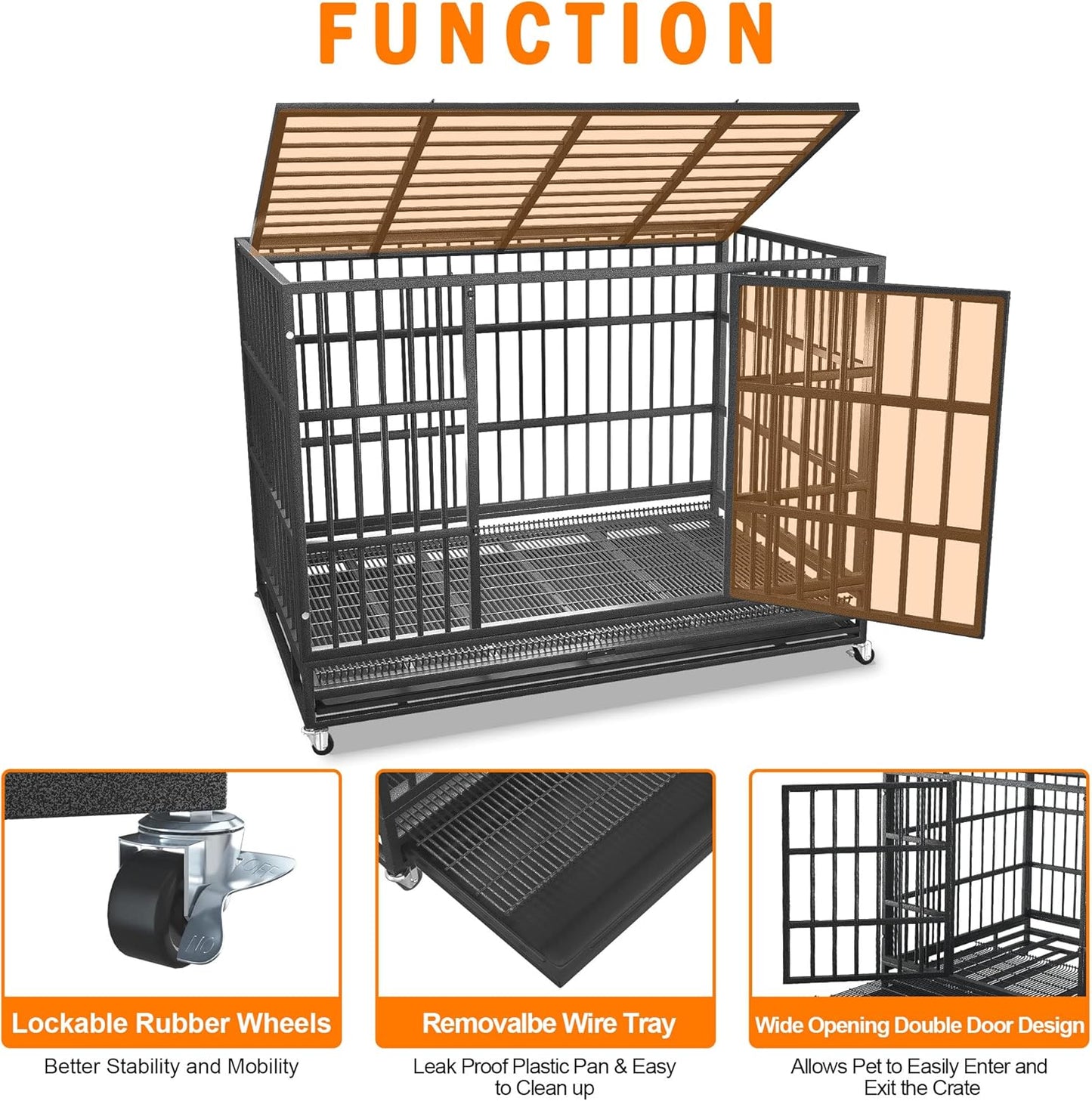 54/48/42/38 Inch Heavy Duty Dog Crate Cage with Wheels, Indestructible and Escape Proof Steel Kennel Indoor for High Anxiety Dogs with Sturdy Locks, Double Door and Tray, Extra Large XL XXL