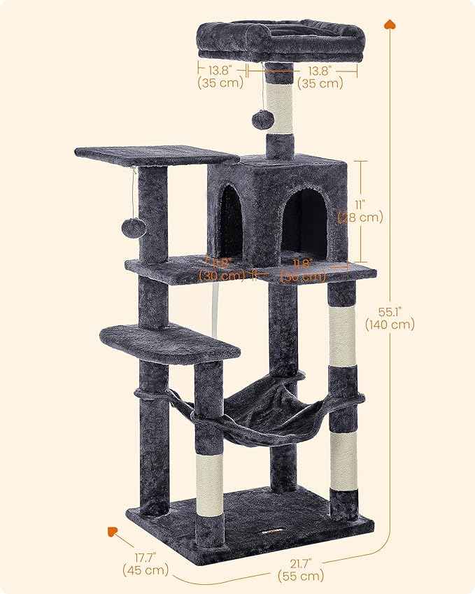 Feandrea Cat Tree, 55.1-Inch Cat Tower, Plush Multi-Level Condo with 4 Scratching Posts, 2 Perches, Hammock, Cave, Smoky Gray UPCT161G01