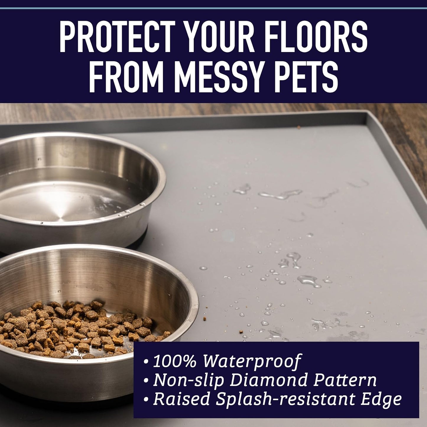 Leash Boss Silicone Dog Water Bowl Pad - XL 25" x 17" Gray - Tall Lip & Non-Slip Base - Waterproof Dog & Cat Food Mat