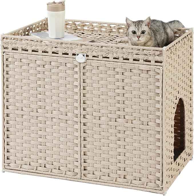 Cat Litter Box Enclosure Furniture, Hidden Litter Box, Cat Litter Box Cabinet with 2 Litter Mats, Handwoven Rattan Large Space Cat House Indoor, Living Room, Bedroom, Apartment Light Khaki