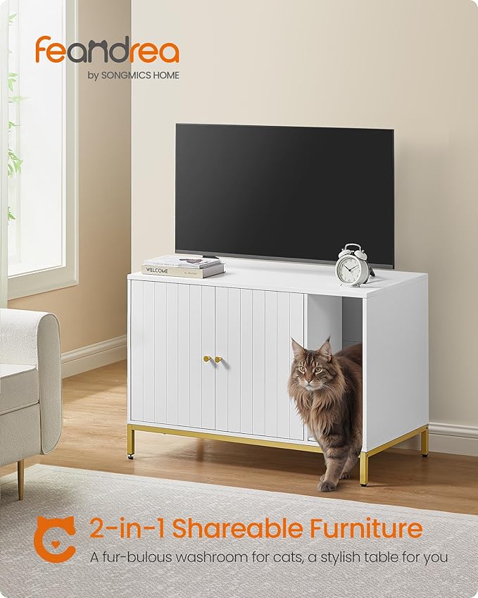 Feandrea Cat Litter Box Enclosure, Hidden Litter Box Furniture with Scratch Pad, Front Entry, Double Cabinet Doors, Modern Style, 35.4" Cat House Washroom Side End Table, White and Gold
