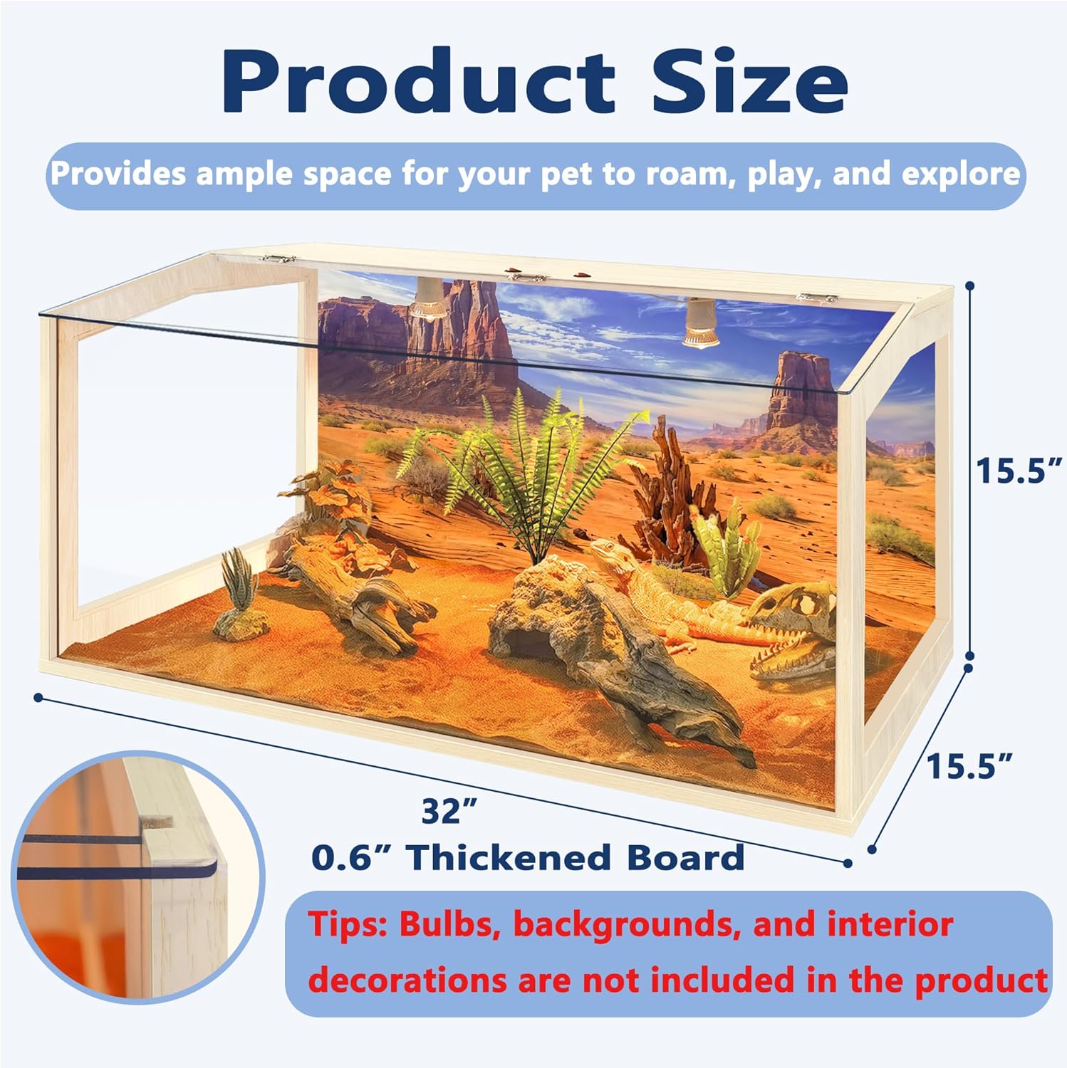Prolee Bearded Dragon Tank, Reptile Enclosure, Snake Tank, Reptile Terrarium, Built-in Light Fixtures with Switch, (30 Gallon, 32" Long, Clear Acrylic Roof) - FurryFun
