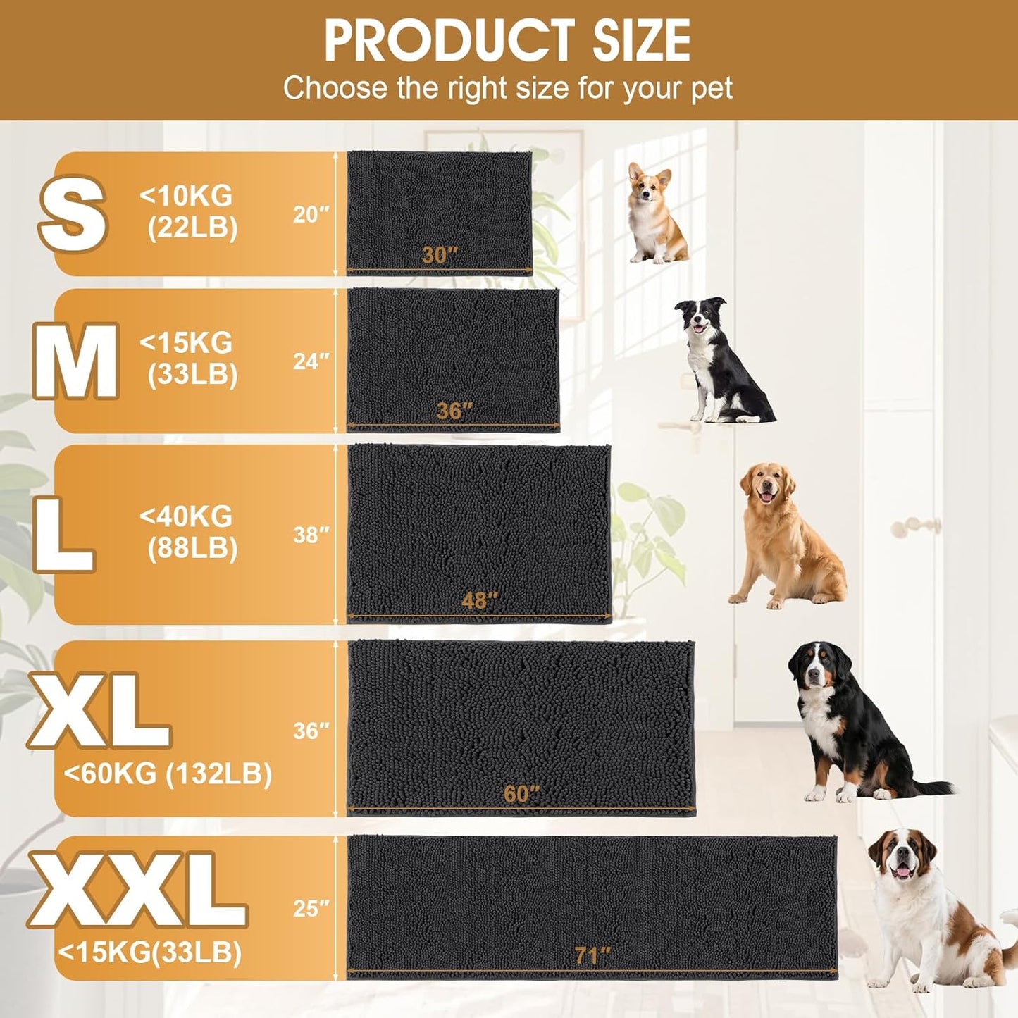 Dog Door Mats for Muddy Paws, Chenille Absorbent Dog Mats, Non Slip Heavy Mud Mat for Dogs, Soft Pet Mat for Entryway, Mud Paws, Inside Floor,48" x 38", Dark Grey
