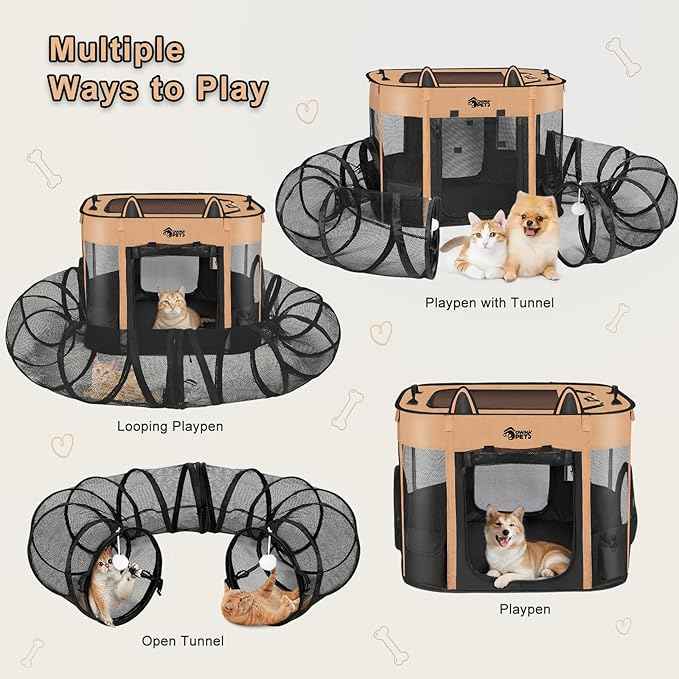 Ownpets Portable Cat Playpen with Removable Tunnel, Foldable Puppy Play Pen, Indoor Outdoor Cat Enclosure Pet Tent for Cats, Dogs and Small Pets