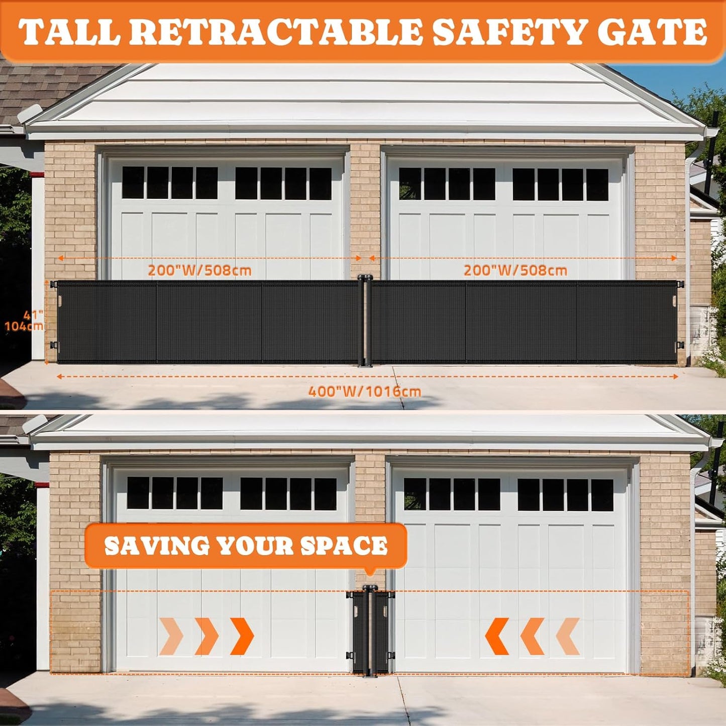 2-in-1 Retractable Baby Gates, 41" Tall Mesh Dog Gate 1-Pack, One Side Up to 200" Wide, Total 400" Wide, Long Retractable Pet Gate for Yard Swimming Pool Garage Indoor Outdoor-Black