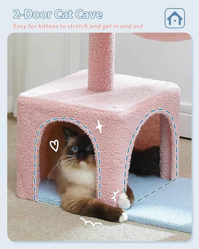 Flower Cat Tree with Large Metal Frame Hammock, 35" Pink Cat Tower with Sisal Scratching Posts for Small Indoor Cats, Cat Condo with Blue Top Perch for Kittens, Fluffy Ball, Pink