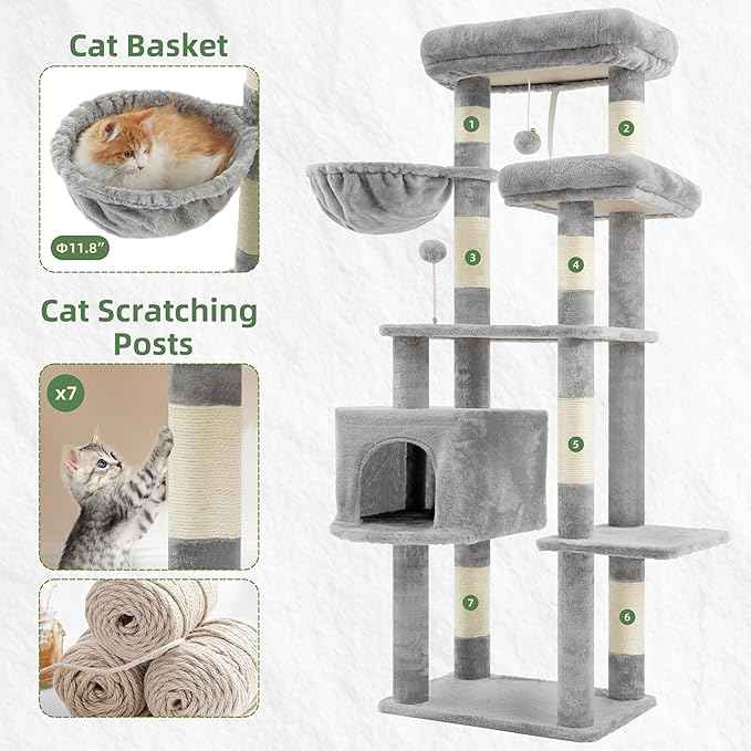 Cat Tree for Indoor Cats, 55.1 inch Cat Tower with 7 Sisal Scratching Posts, Multi-level Cat Condo wit Large Play Platform Furry Ball, Cat Cave, 2 Padded Perches, Basket, Light Gray GCT013W