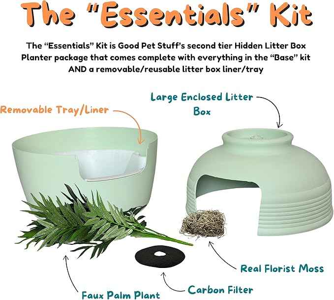 Good Pet Stuff Hidden Litter Box Planter, Decorative Cat Litter Enclosure with Carbon Filter, Artificial Plant, Easy Clean, Indoor Design, Original Round Style, Essentials Kit, Seagrass Green