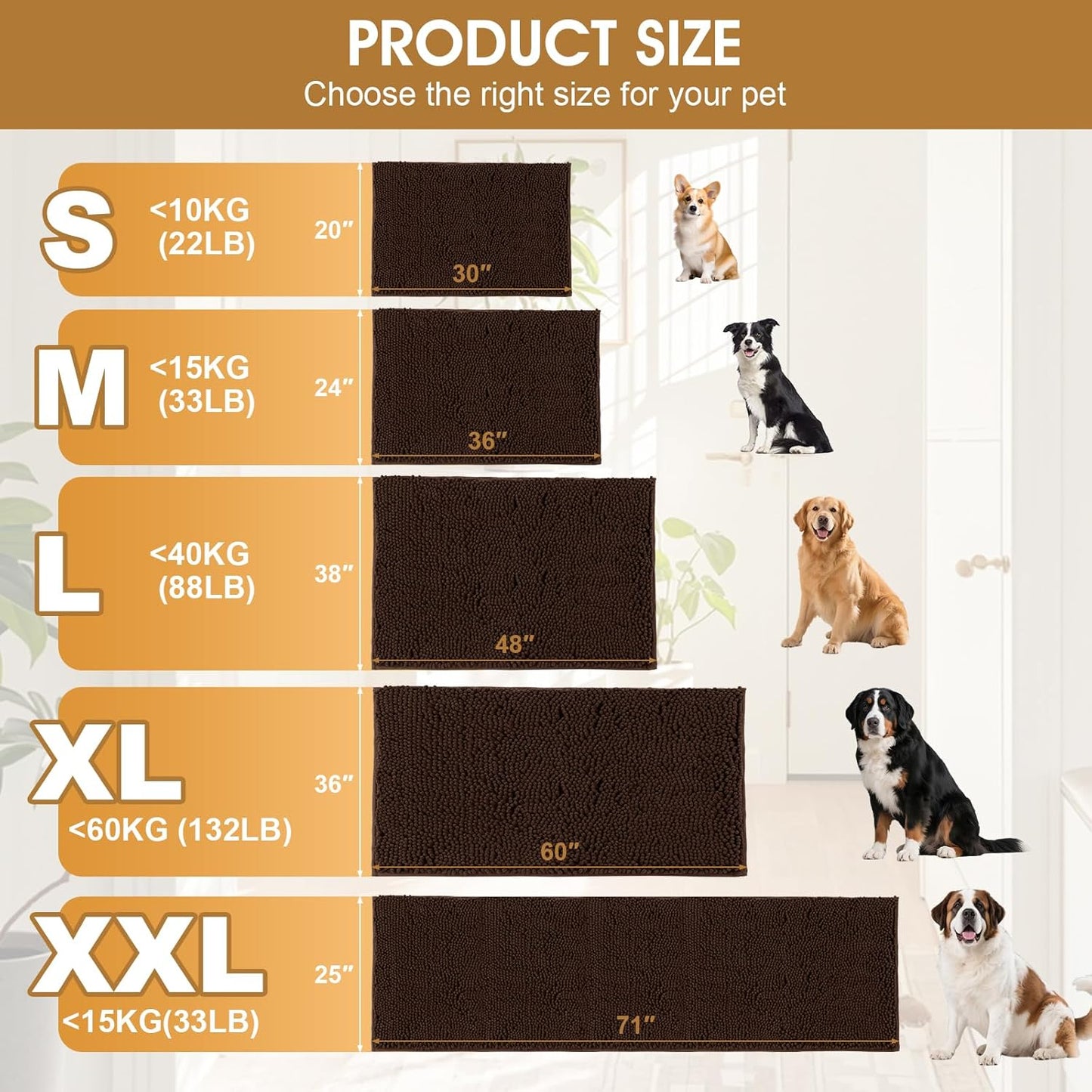 Dog Door Mats for Muddy Paws, Chenille Absorbent Dog Mats, Non Slip Heavy Mud Mat for Dogs, Soft Pet Mat for Entryway, Mud Paws, Inside Floor,48" x 38", Brown