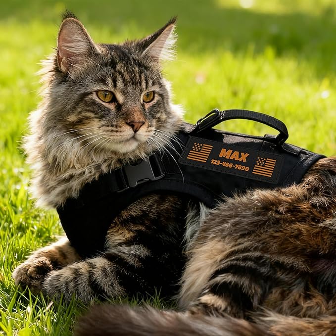 Custom Black Tactical Cat Harness and Leash Escape Proof Adjustable Vest with Reflective Strips and Personalized Patch Soft Breathable Outdoor Gear for Walking Training Fits Cats 7-12 lbs