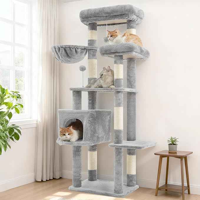 Cat Tree for Indoor Cats, 55.1 inch Cat Tower with 7 Sisal Scratching Posts, Multi-level Cat Condo wit Large Play Platform Furry Ball, Cat Cave, 2 Padded Perches, Basket, Light Gray GCT013W