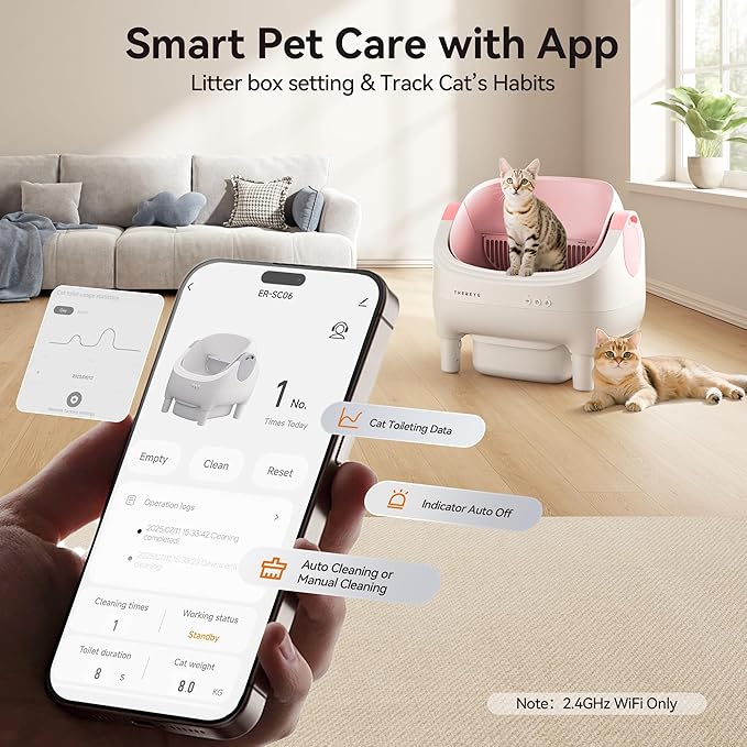 Thereye Self Cleaning Litter Box, Open-Top Automatic Litter Box with Smart App and Safety Sensors, Large Auto Litter Box for Multiple Cats, 10L Waste Bin with Odor Control, Includes Trash Bag, Pink
